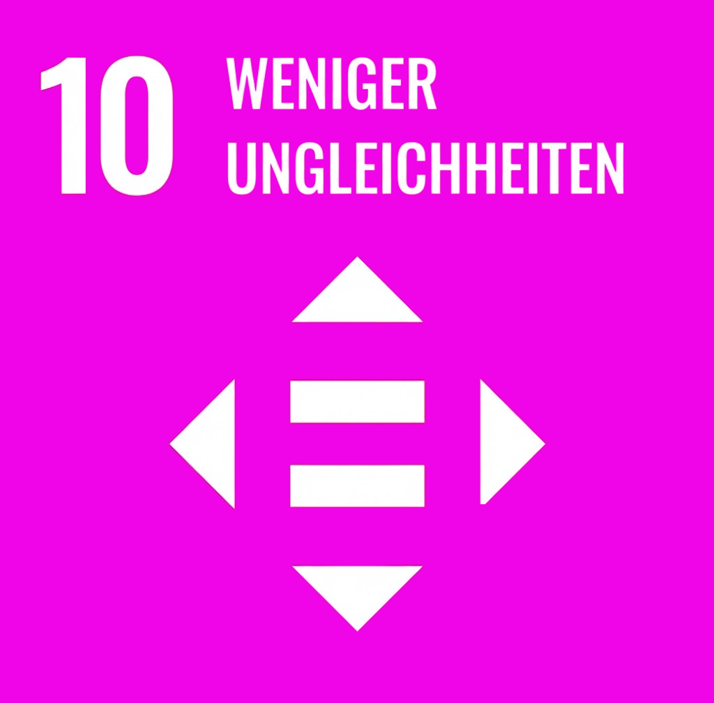 Pinkes Bild mit weißer Zahl 10, Schrift "WENIGER UNGLEICHHEITEN" und Symbol aus Gleichheitsbalken und Pfeilen